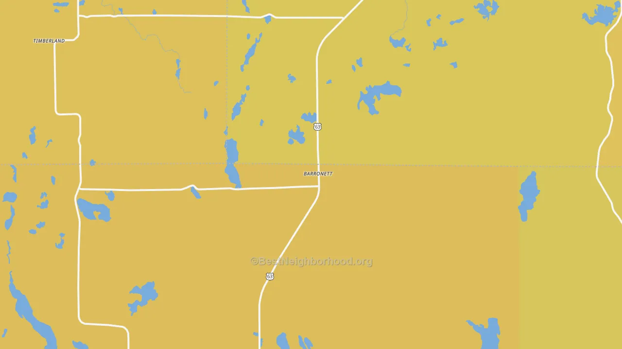 Map of the best neighborhoods in the 54813 area, with better matches in green and worse matches in red