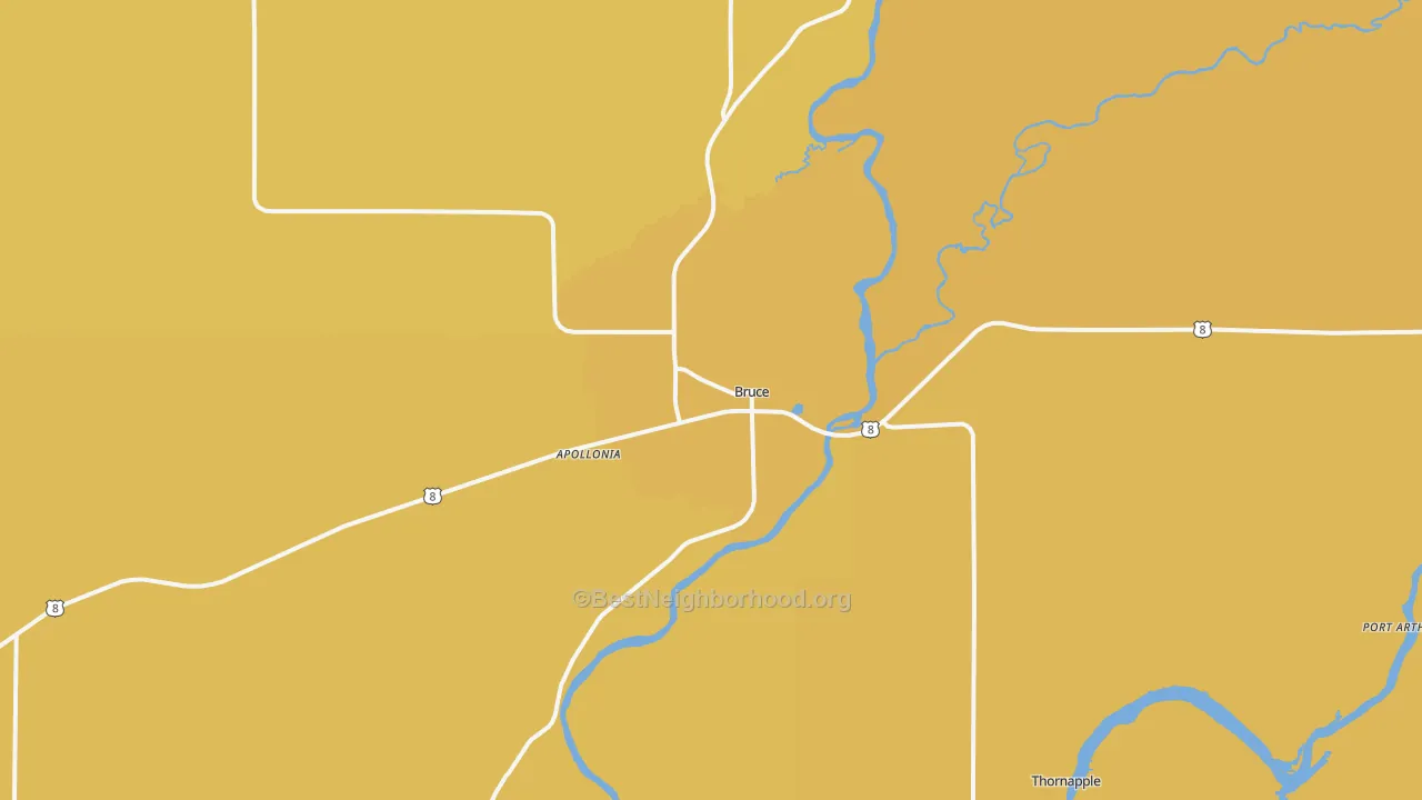 Map of the best neighborhoods in the 54819 area, with better matches in green and worse matches in red