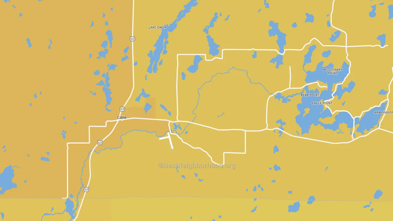 Map of the best neighborhoods in the 54821 area, with better matches in green and worse matches in red