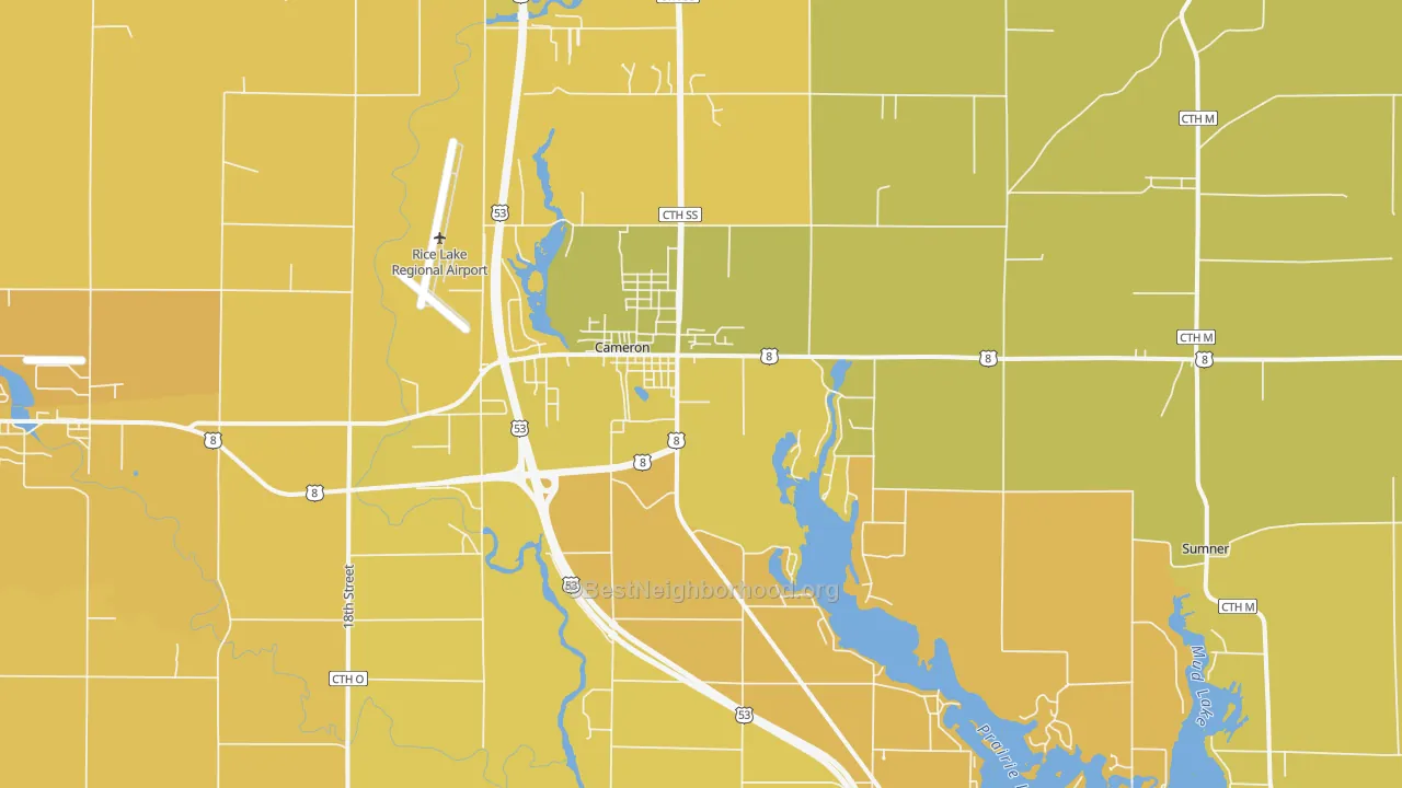Map of the best neighborhoods in the 54822 area, with better matches in green and worse matches in red