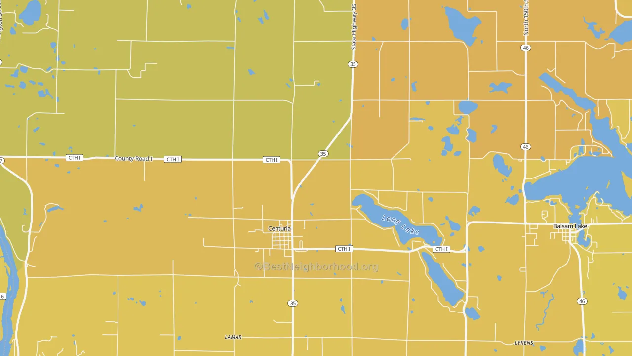 Map of the best neighborhoods in the 54824 area, with better matches in green and worse matches in red