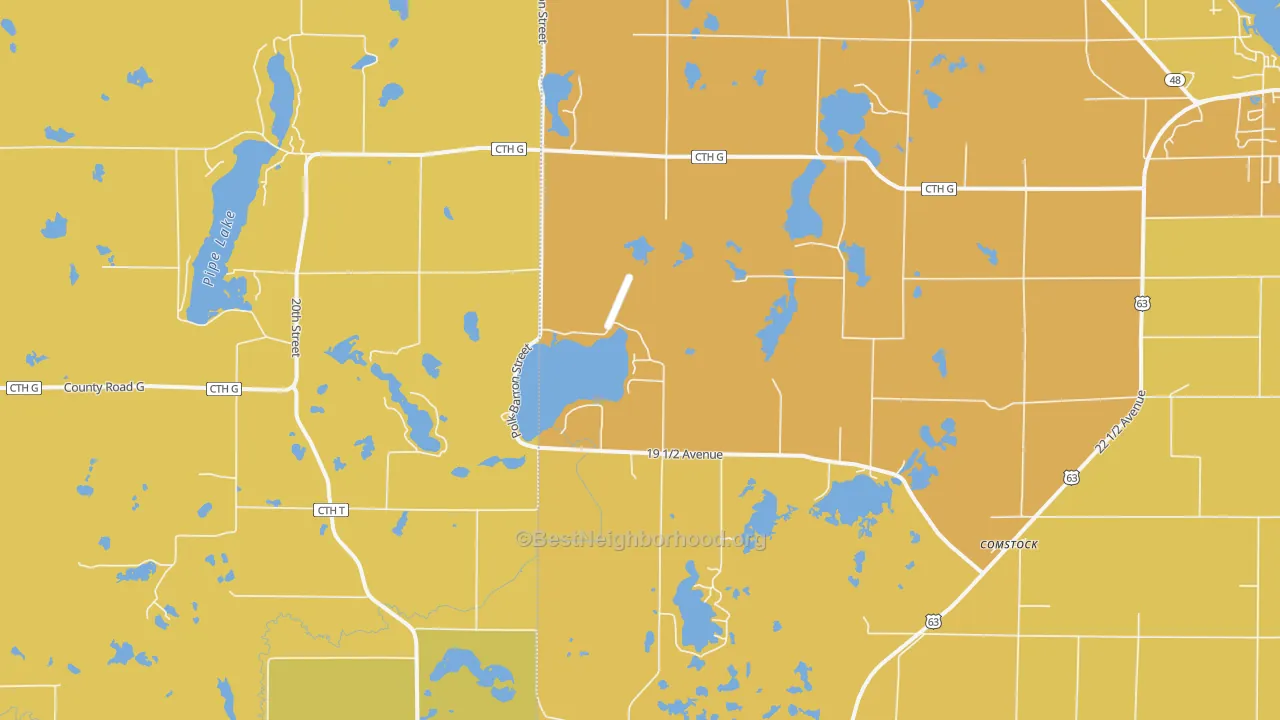 Map of the best neighborhoods in the 54826 area, with better matches in green and worse matches in red