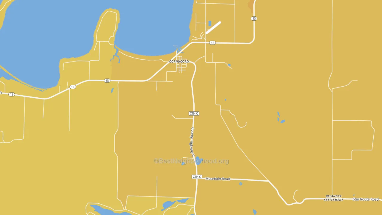 Map of the best neighborhoods in the 54827 area, with better matches in green and worse matches in red