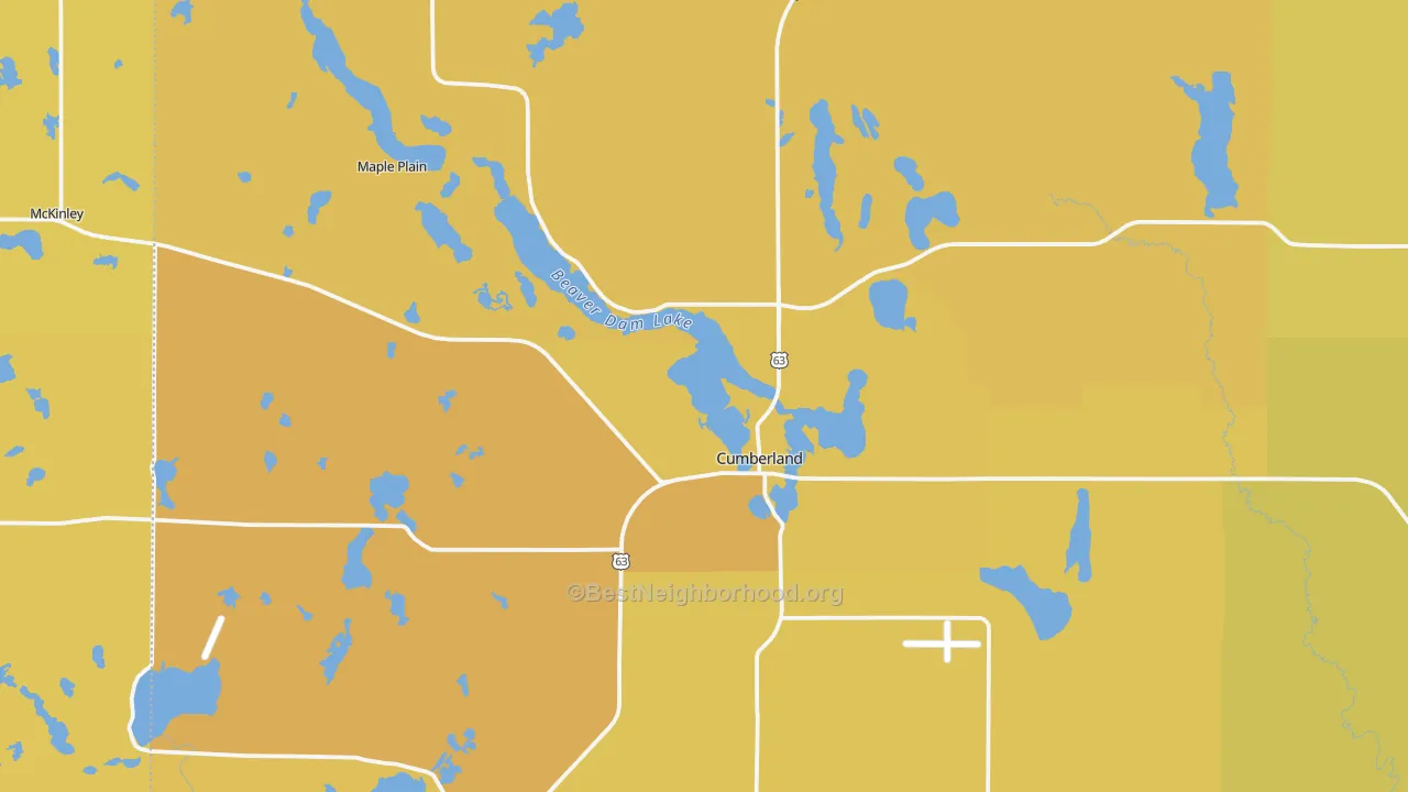 Map of the best neighborhoods in the 54829 area, with better matches in green and worse matches in red