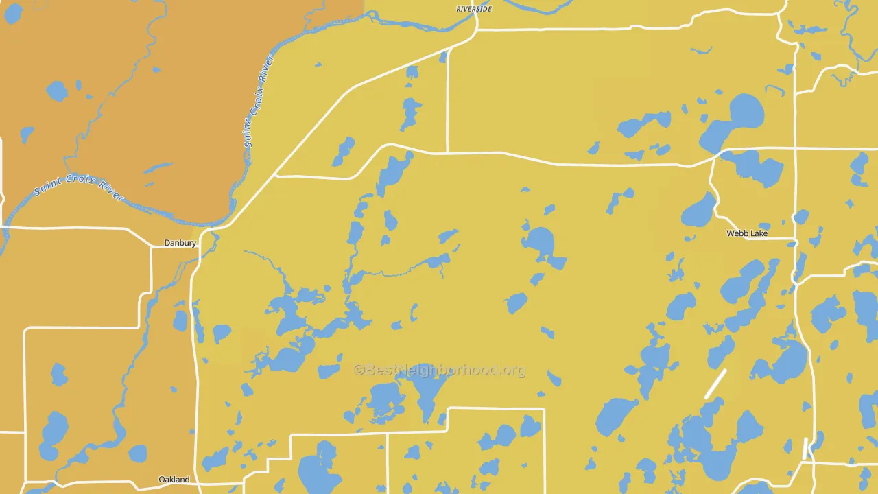 Map of the best neighborhoods in the 54830 area, with better matches in green and worse matches in red