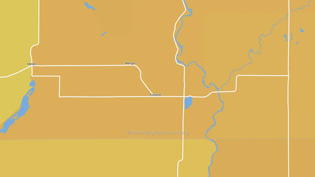 Map of the best neighborhoods in the 54835 area, with better matches in green and worse matches in red