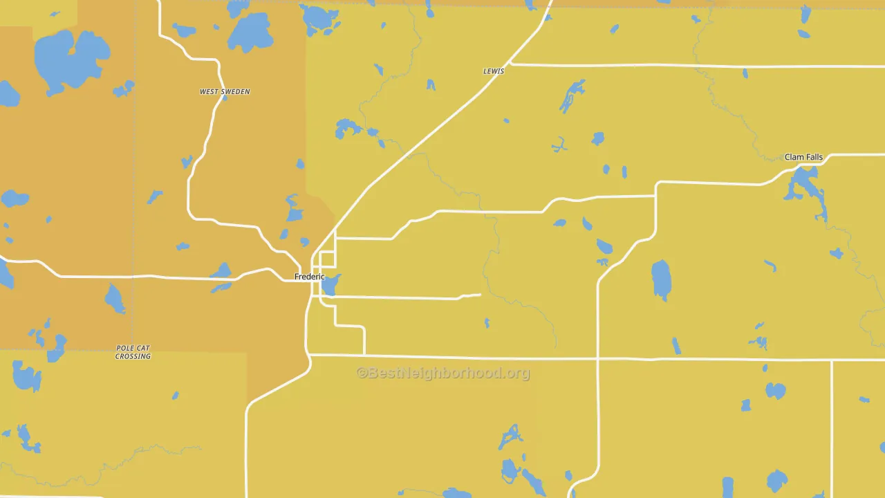 Map of the best neighborhoods in the 54837 area, with better matches in green and worse matches in red