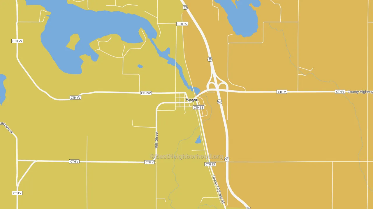 Map of the best neighborhoods in the 54841 area, with better matches in green and worse matches in red