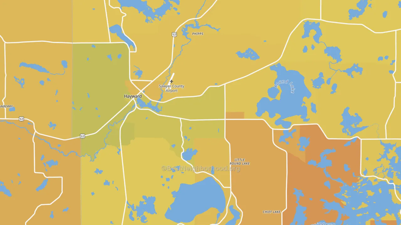 Map of the best neighborhoods in the 54843 area, with better matches in green and worse matches in red