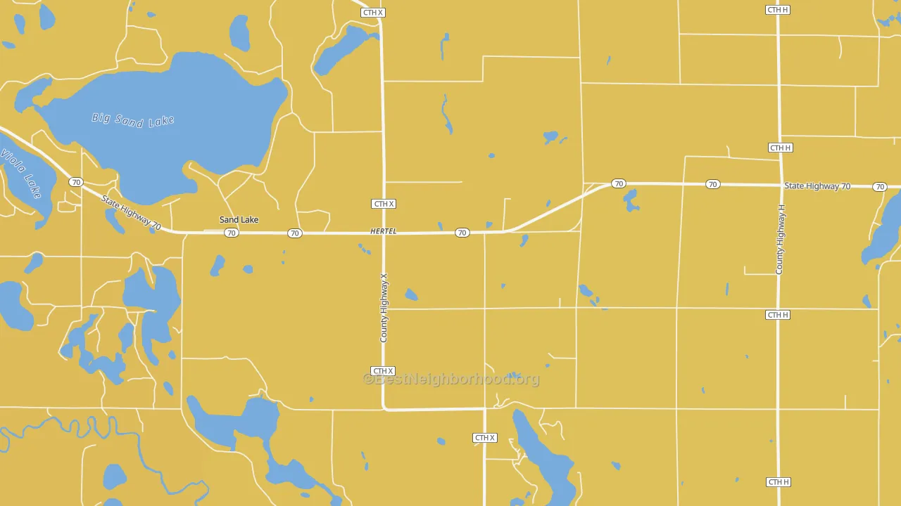 Map of the best neighborhoods in the 54845 area, with better matches in green and worse matches in red