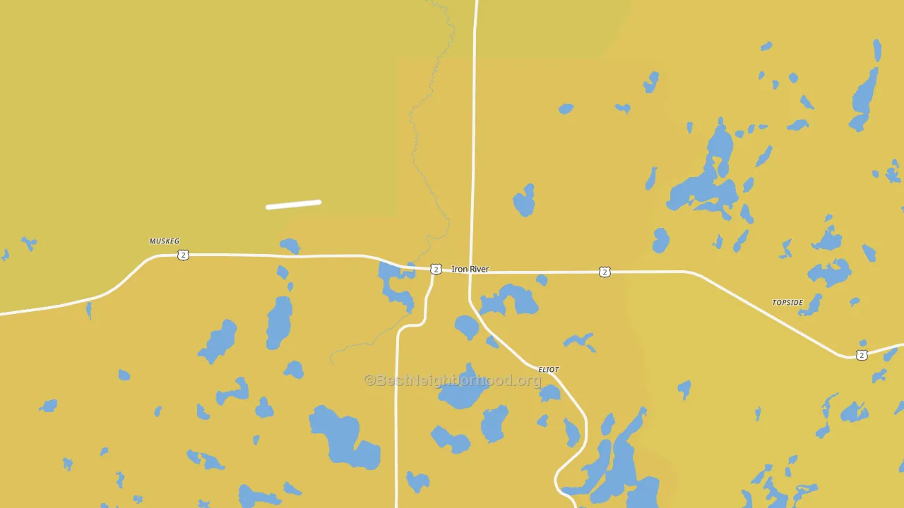 Map of the best neighborhoods in the 54847 area, with better matches in green and worse matches in red