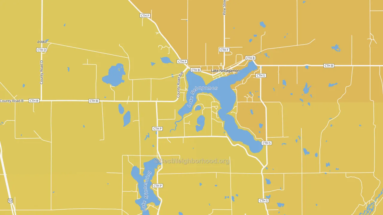 Map of the best neighborhoods in the 54849 area, with better matches in green and worse matches in red