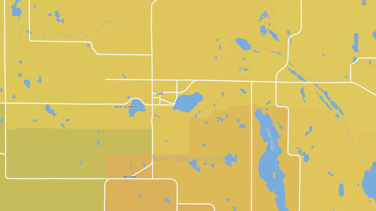 Map of the best neighborhoods in the 54853 area, with better matches in green and worse matches in red