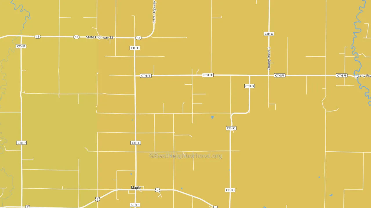 Map of the best neighborhoods in the 54854 area, with better matches in green and worse matches in red