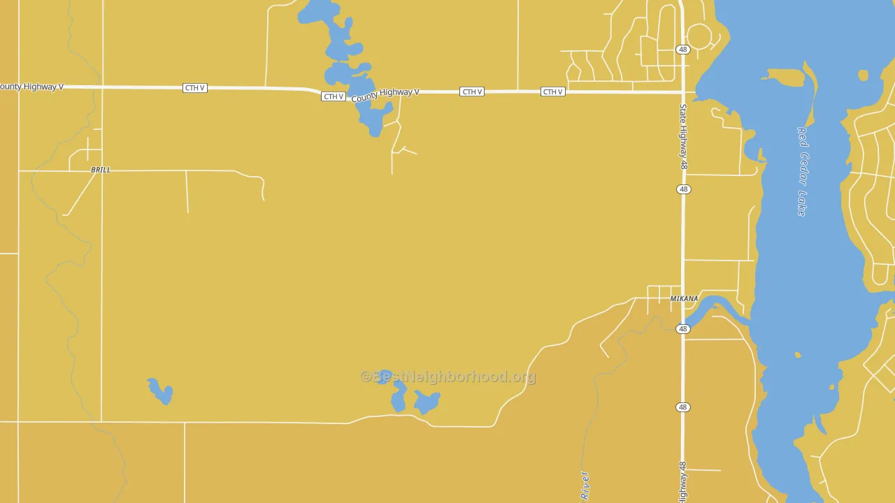 Map of the best neighborhoods in the 54857 area, with better matches in green and worse matches in red