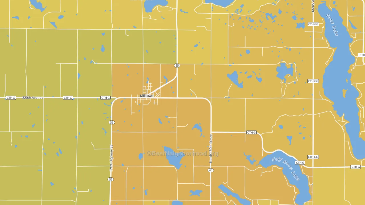 Map of the best neighborhoods in the 54858 area, with better matches in green and worse matches in red