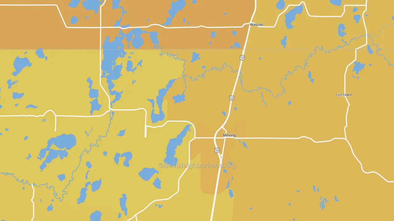 Map of the best neighborhoods in the 54859 area, with better matches in green and worse matches in red