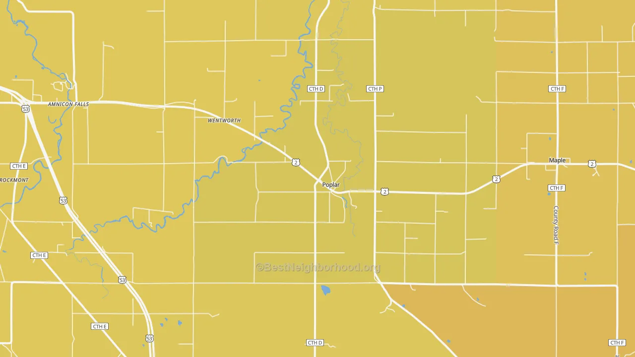 Map of the best neighborhoods in the 54864 area, with better matches in green and worse matches in red