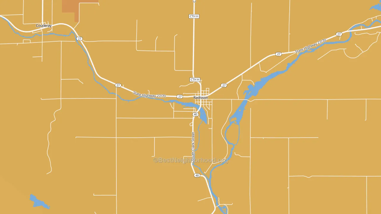 Map of the best neighborhoods in the 54867 area, with better matches in green and worse matches in red