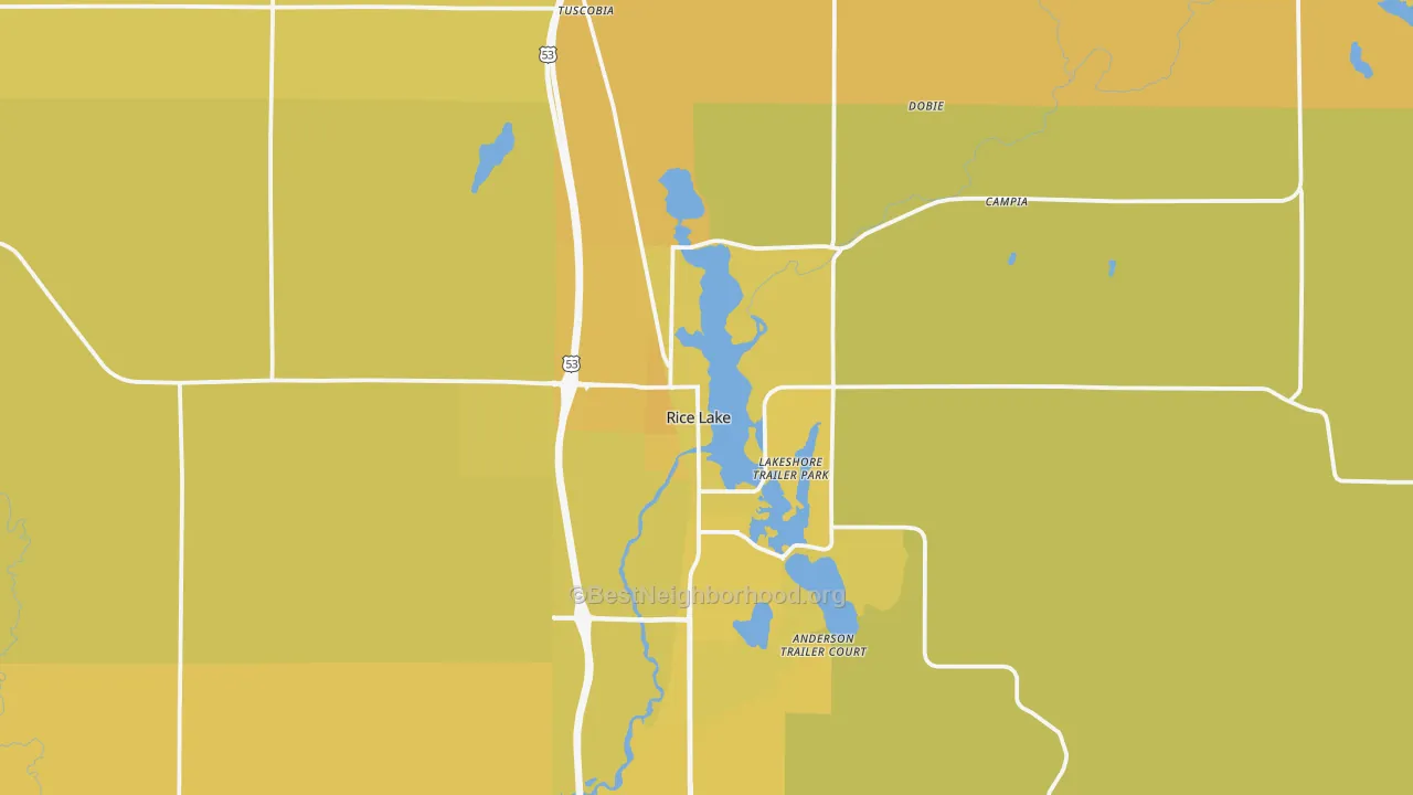 Map of the best neighborhoods in the 54868 area, with better matches in green and worse matches in red