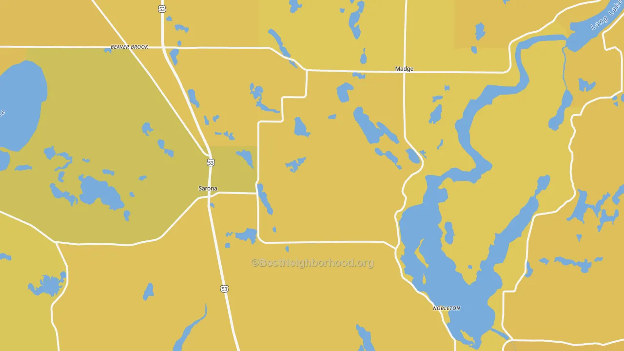 Map of the best neighborhoods in the 54870 area, with better matches in green and worse matches in red