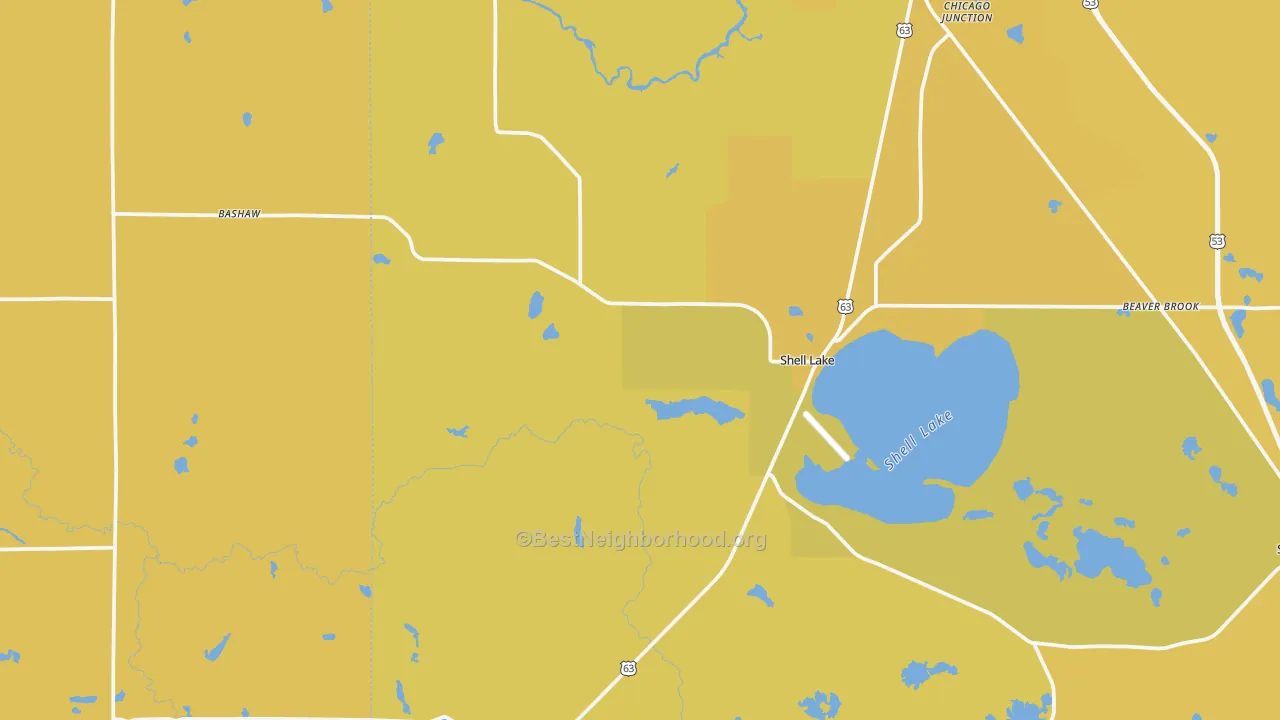 Map of the best neighborhoods in the 54871 area, with better matches in green and worse matches in red