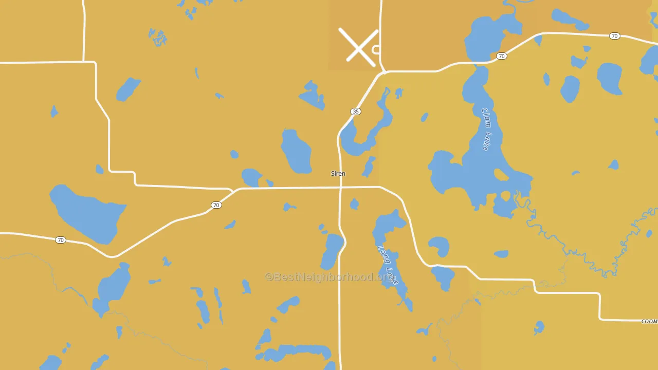 Map of the best neighborhoods in the 54872 area, with better matches in green and worse matches in red