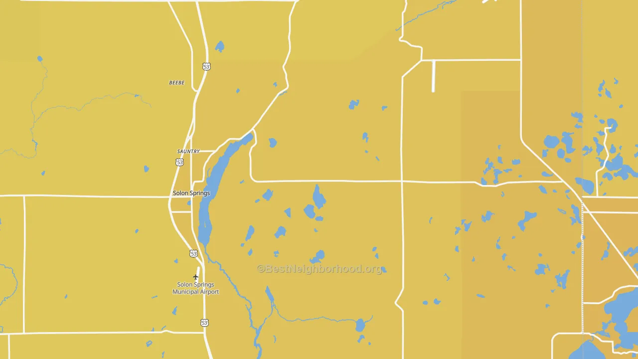 Map of the best neighborhoods in the 54873 area, with better matches in green and worse matches in red