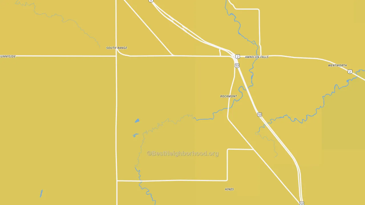 Map of the best neighborhoods in the 54874 area, with better matches in green and worse matches in red