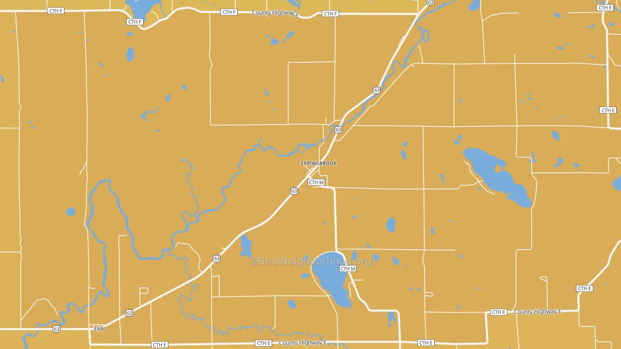 Map of the best neighborhoods in the 54875 area, with better matches in green and worse matches in red