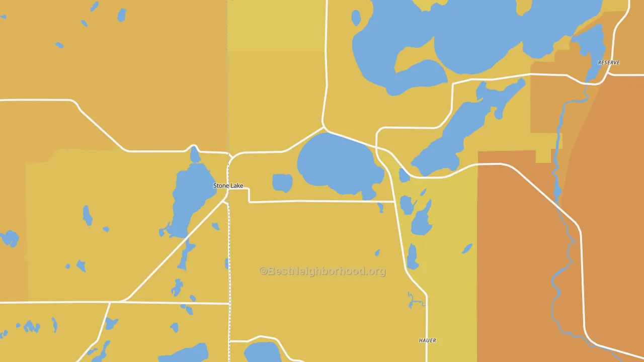 Map of the best neighborhoods in the 54876 area, with better matches in green and worse matches in red