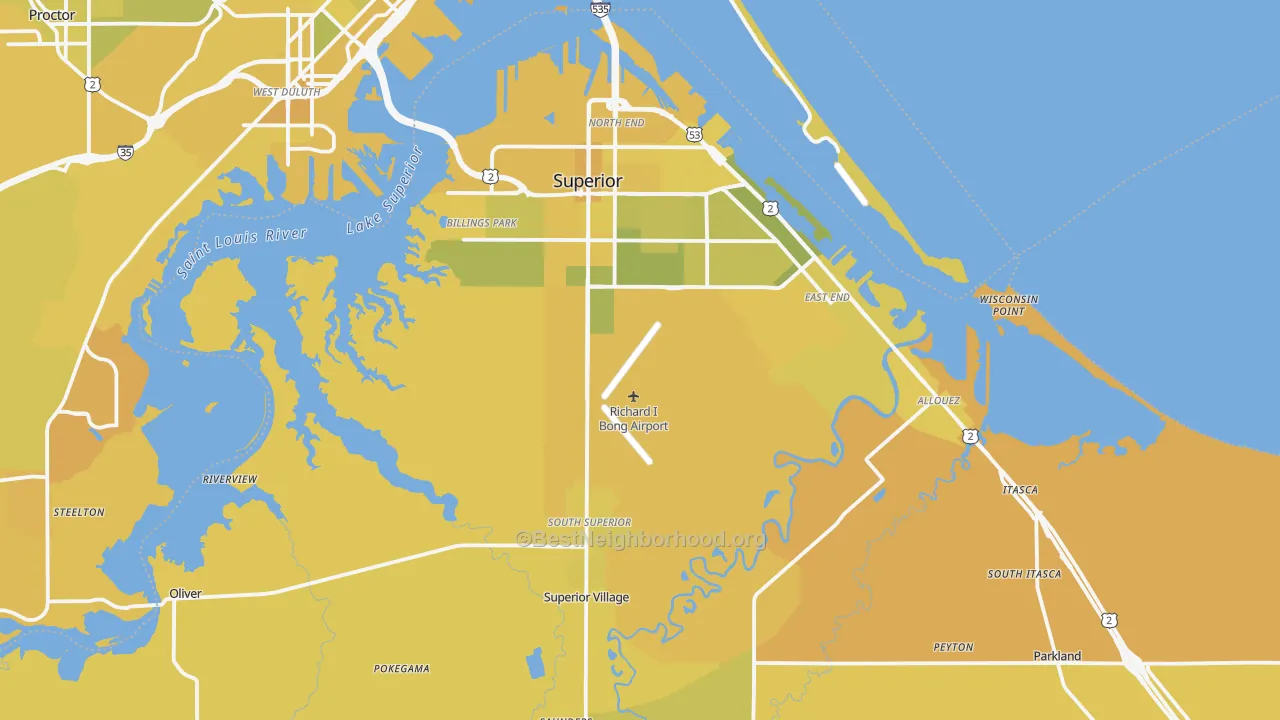 Map of the best neighborhoods in the 54880 area, with better matches in green and worse matches in red