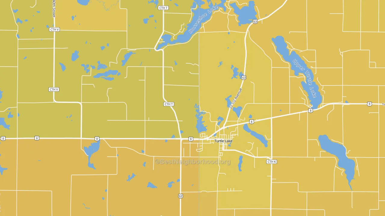 Map of the best neighborhoods in the 54889 area, with better matches in green and worse matches in red