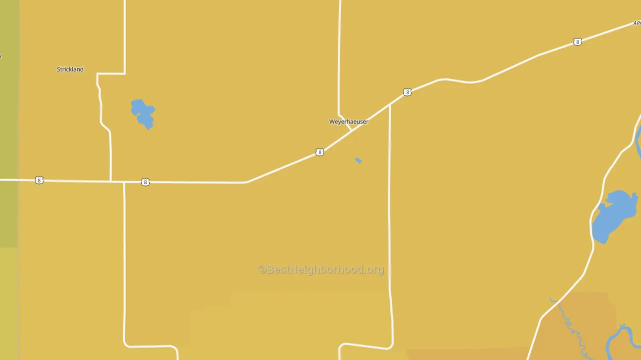 Map of the best neighborhoods in the 54895 area, with better matches in green and worse matches in red