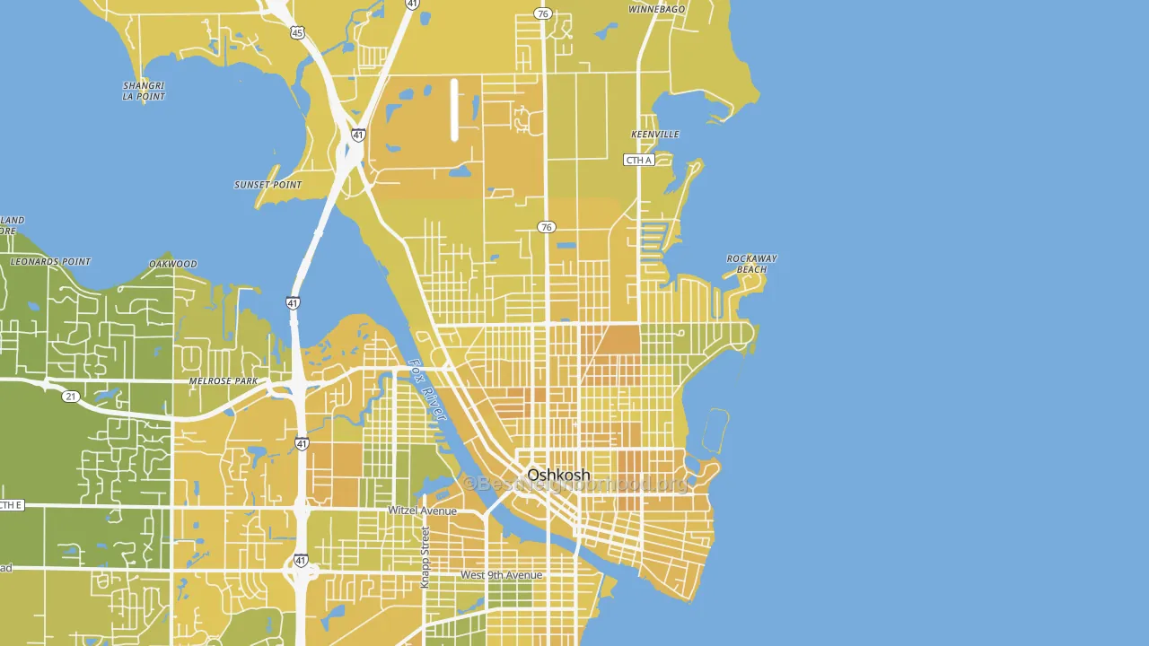Map of the best neighborhoods in the 54901 area, with better matches in green and worse matches in red