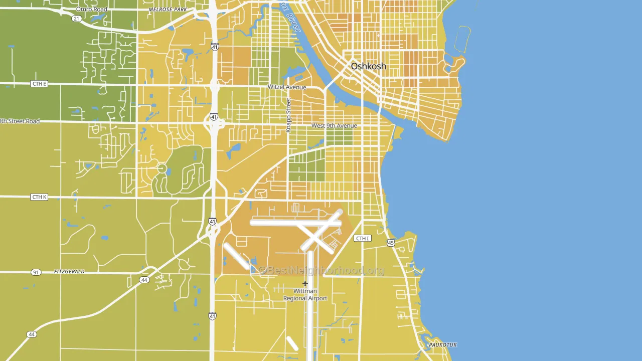 Map of the best neighborhoods in the 54902 area, with better matches in green and worse matches in red