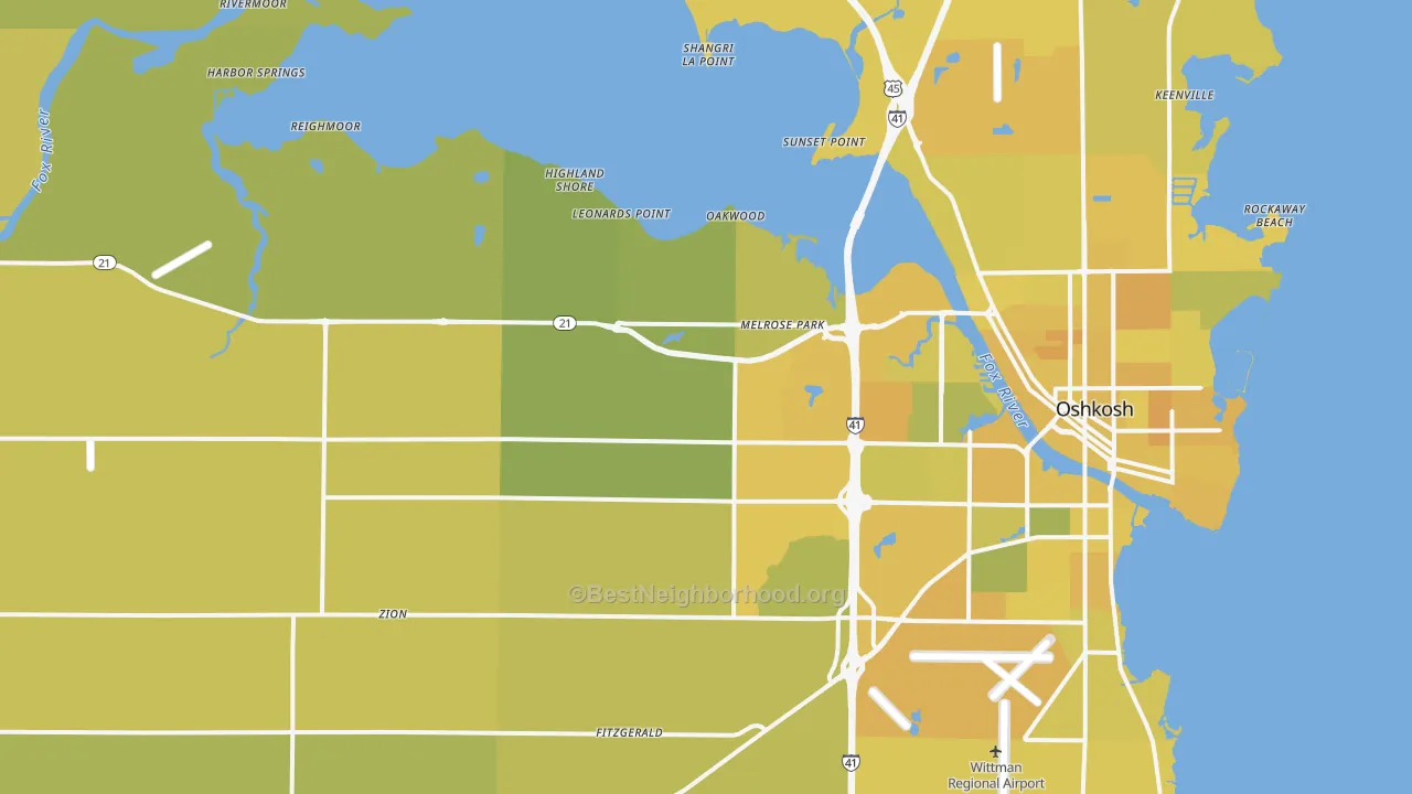 Map of the best neighborhoods in the 54904 area, with better matches in green and worse matches in red
