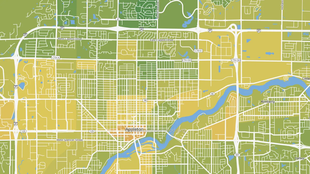 Map of the best neighborhoods in the 54911 area, with better matches in green and worse matches in red