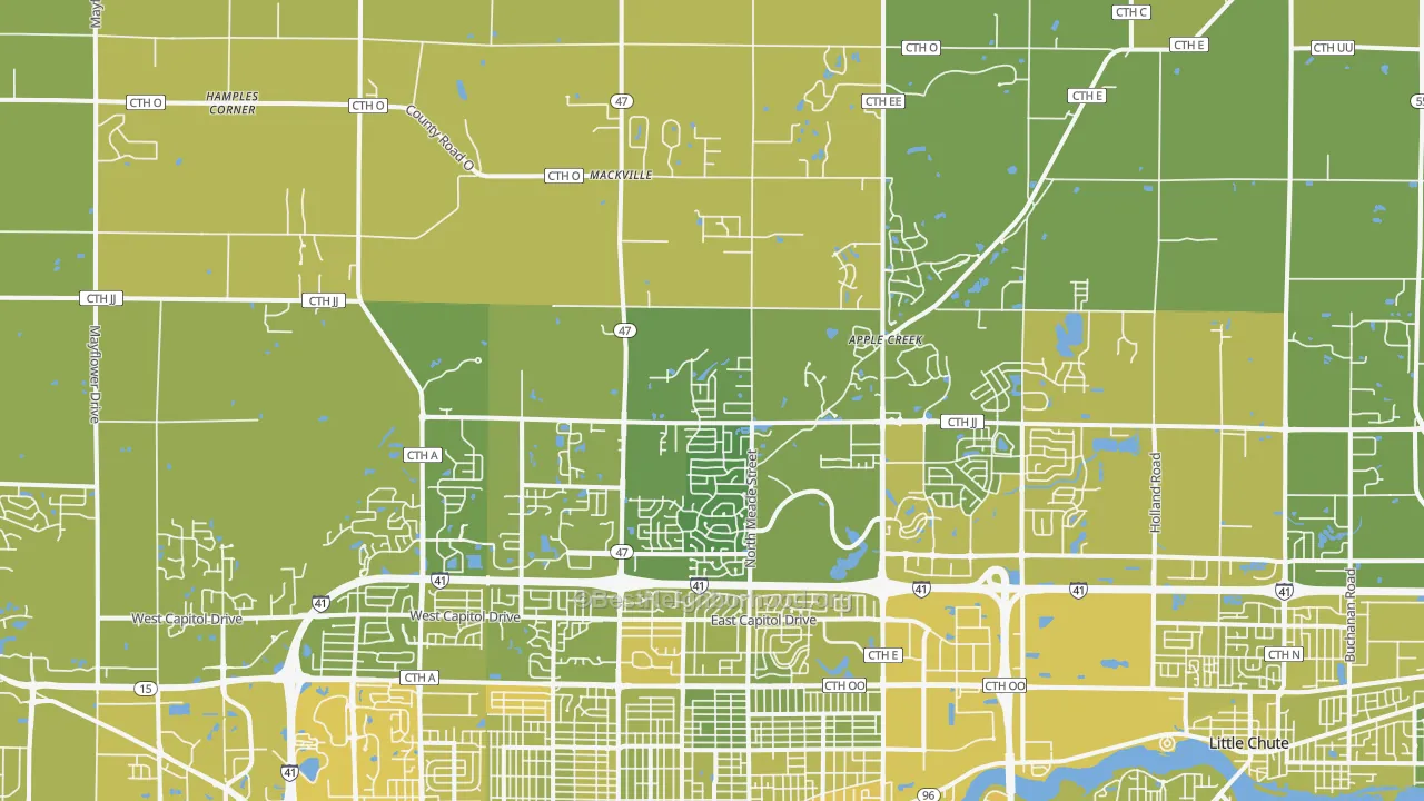 Map of the best neighborhoods in the 54913 area, with better matches in green and worse matches in red