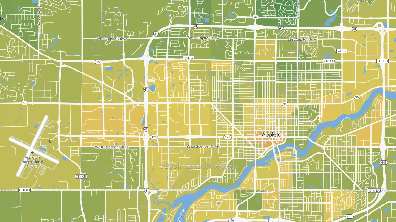 Map of the best neighborhoods in the 54914 area, with better matches in green and worse matches in red