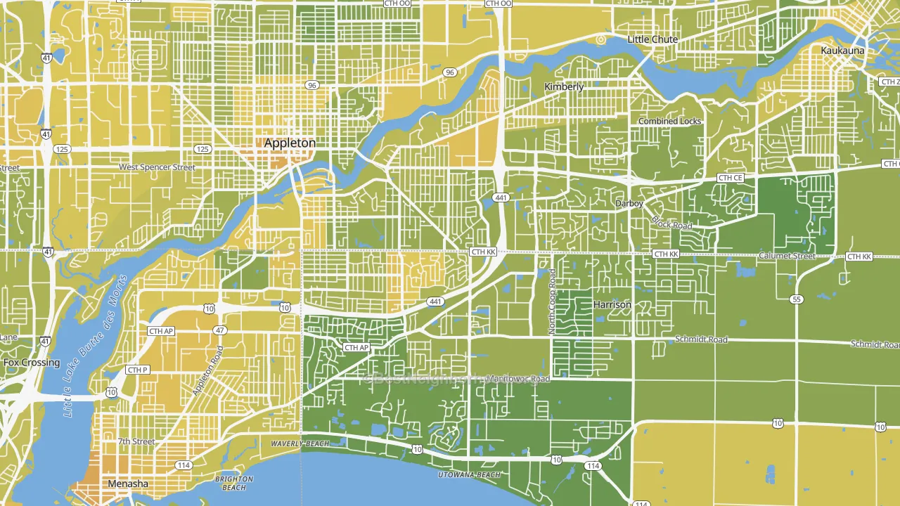 Map of the best neighborhoods in the 54915 area, with better matches in green and worse matches in red