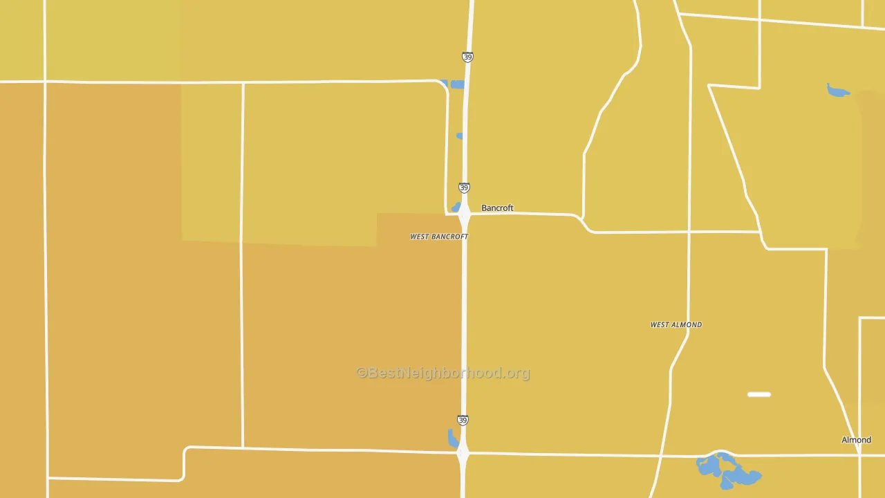 Map of the best neighborhoods in the 54921 area, with better matches in green and worse matches in red