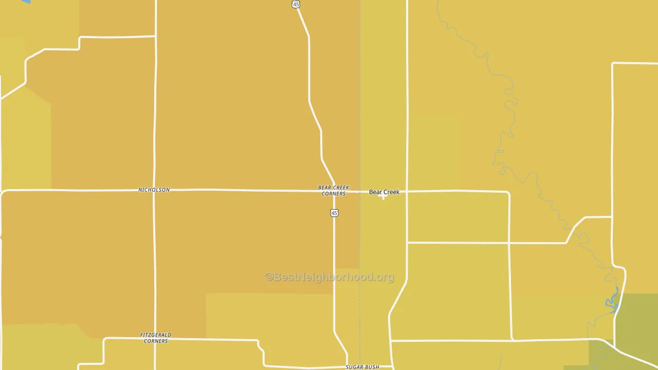 Map of the best neighborhoods in the 54922 area, with better matches in green and worse matches in red