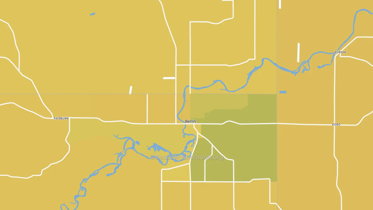 Map of the best neighborhoods in the 54923 area, with better matches in green and worse matches in red