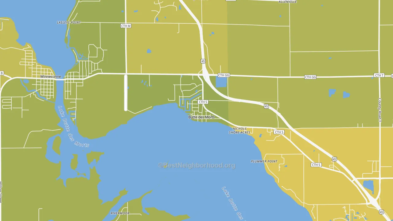 Map of the best neighborhoods in the 54927 area, with better matches in green and worse matches in red