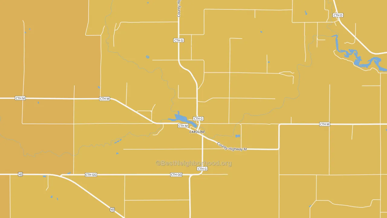 Map of the best neighborhoods in the 54928 area, with better matches in green and worse matches in red