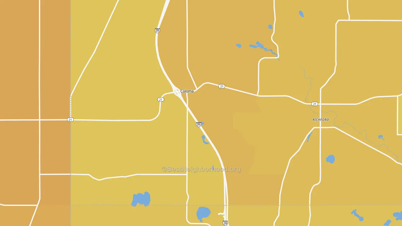 Map of the best neighborhoods in the 54930 area, with better matches in green and worse matches in red