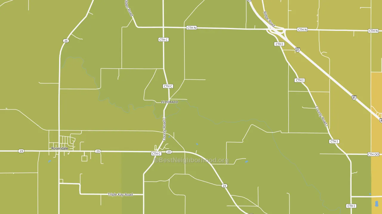 Map of the best neighborhoods in the 54932 area, with better matches in green and worse matches in red