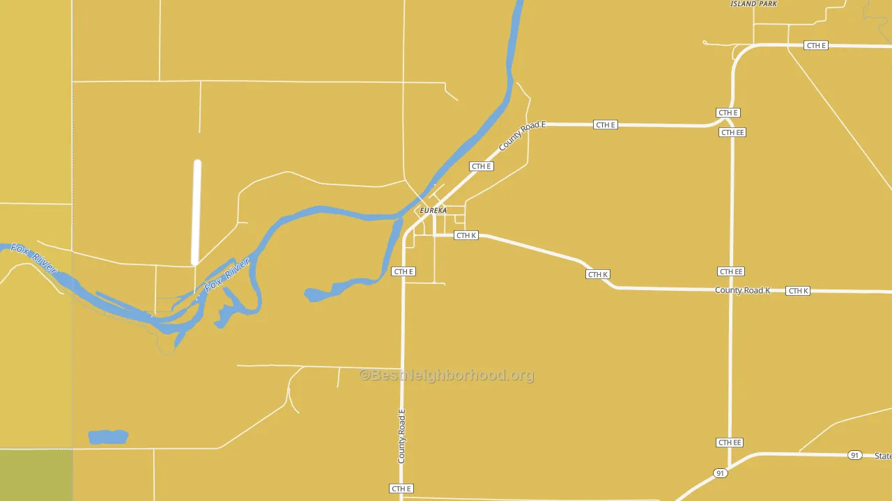 Map of the best neighborhoods in the 54934 area, with better matches in green and worse matches in red