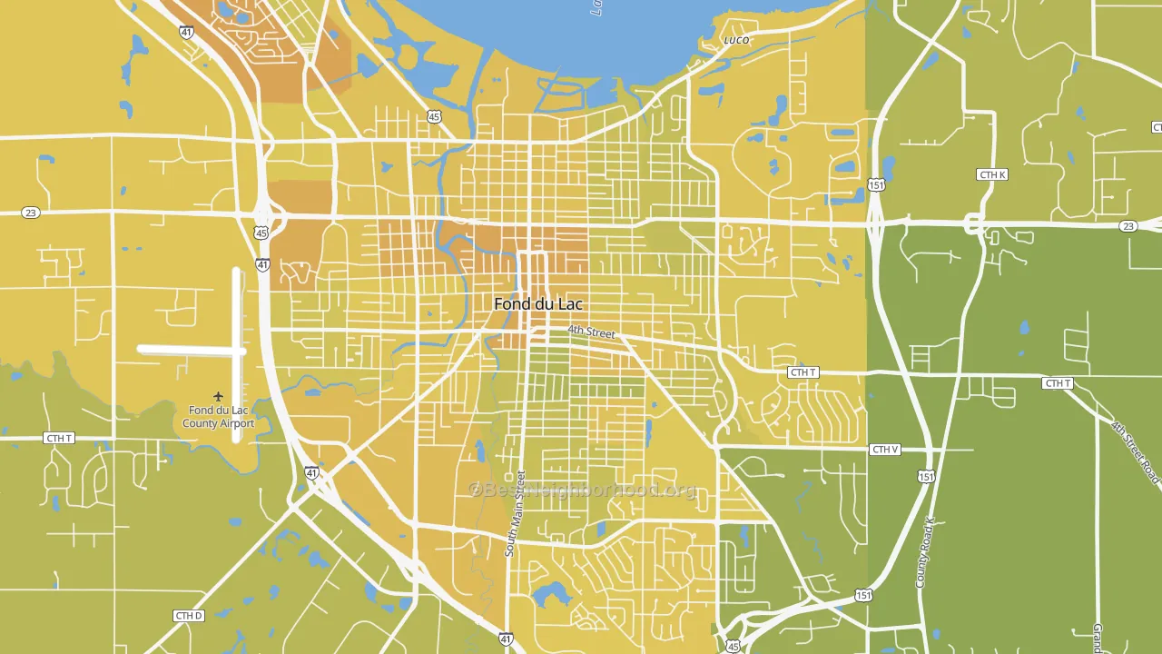 Map of the best neighborhoods in the 54935 area, with better matches in green and worse matches in red